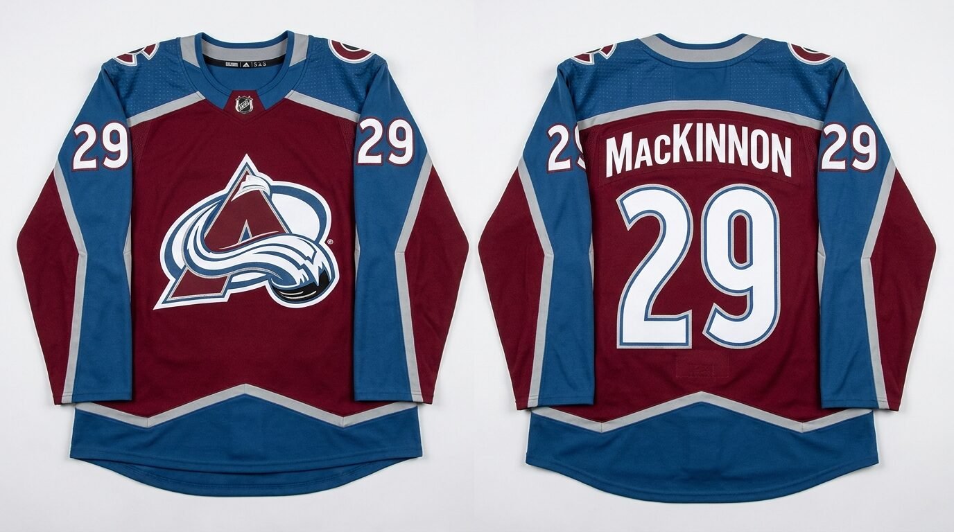 Burgundy Colorado Avalanche style hockey jersey number 29 - front and back view