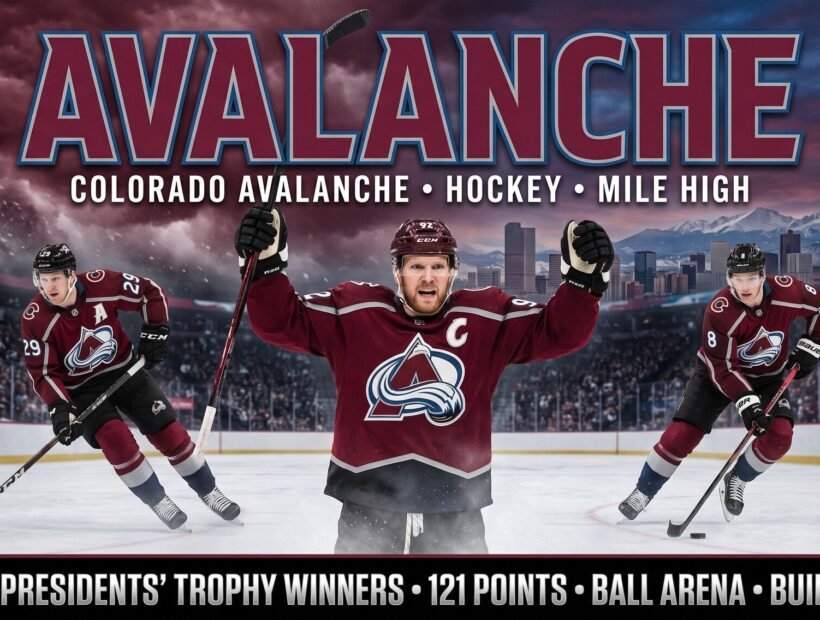 Colorado Avalanche team 2026 poster — Nathan MacKinnon #29 and Cale Makar #8 flanking captain Gabriel Landeskog #92 in burgundy home jerseys at Ball Arena