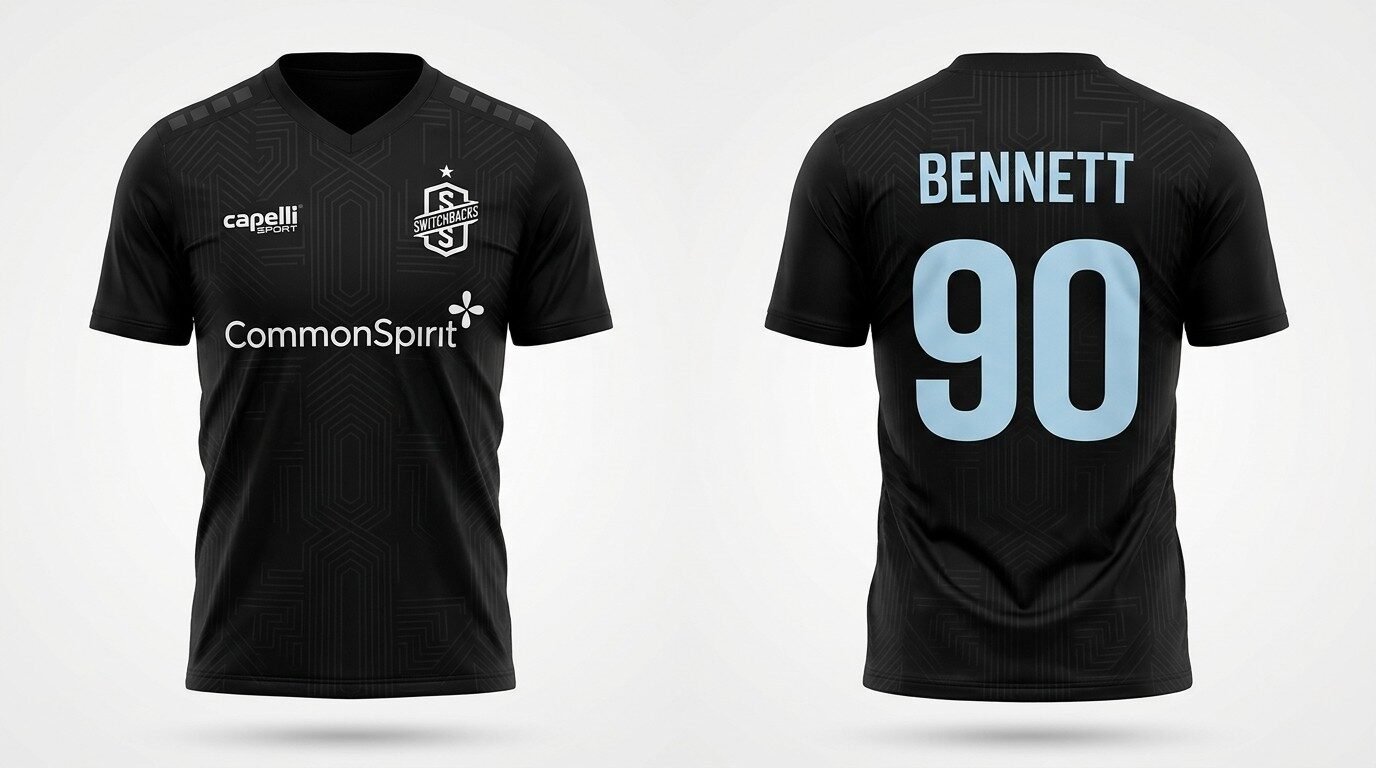 Black Colorado Springs Switchbacks style soccer jersey number 90 - front and back view