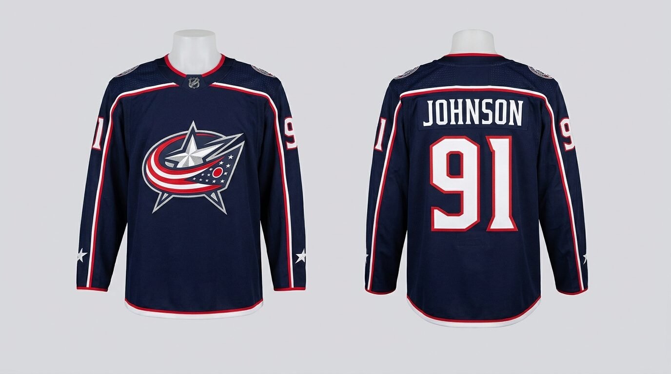 Navy Columbus Blue Jackets style hockey jersey number 91 - front and back view