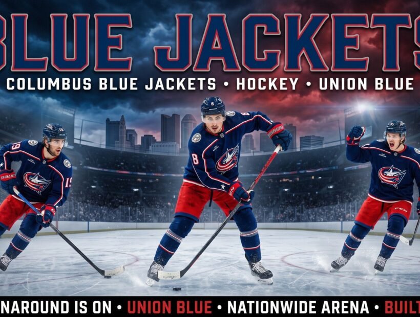 Columbus Blue Jackets team 2026 poster — Zach Werenski #8 and Adam Fantilli #19 flanking Kent Johnson #91 in Union blue home jerseys at Nationwide Arena