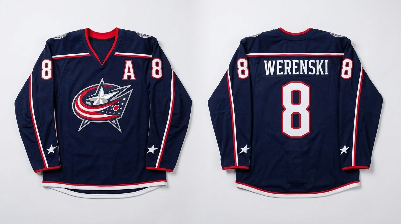 Navy Columbus Blue Jackets style hockey jersey number 8 - front and back view