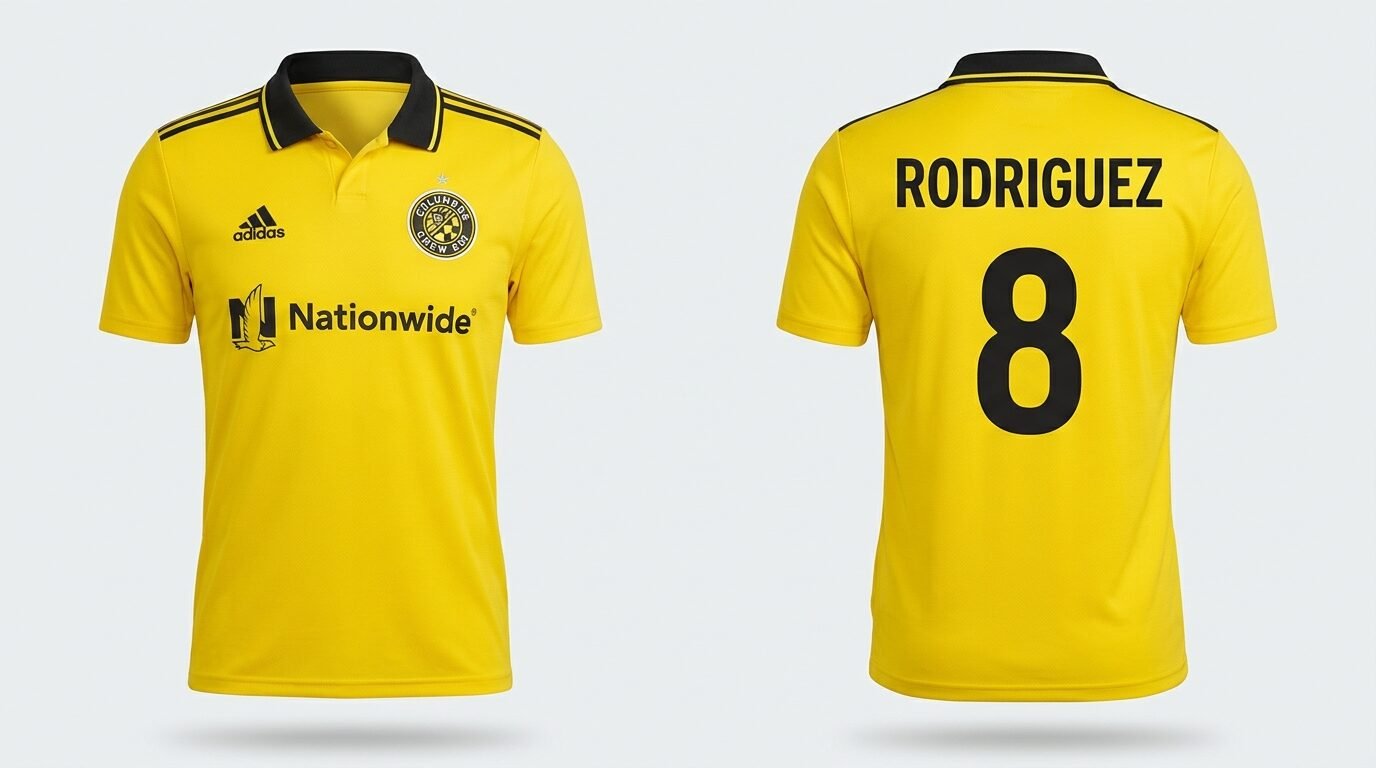 Yellow Columbus Crew style soccer jersey number 8 - front and back view