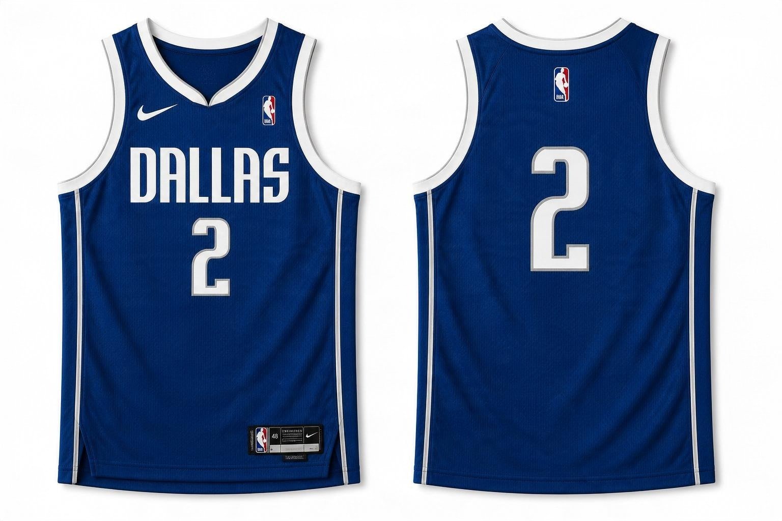 Blue Dallas Mavericks basketball jersey number 2 – front and back view