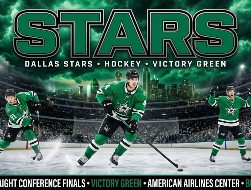 Dallas Stars team 2026 poster — Jason Robertson #21 and Mikko Rantanen #96 flanking Miro Heiskanen #4 in victory green home jerseys at the American Airlines Center