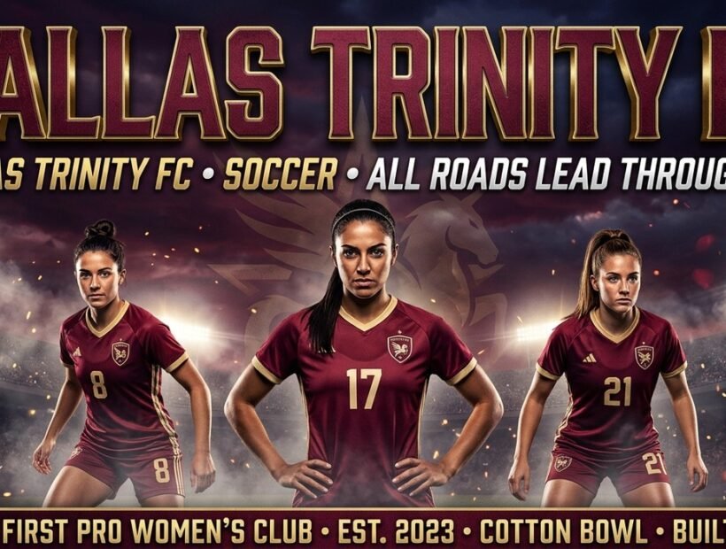 Dallas Trinity FC 2026 poster banner with Jasmine Hamid, Sophie Braun and Camryn Lancaster