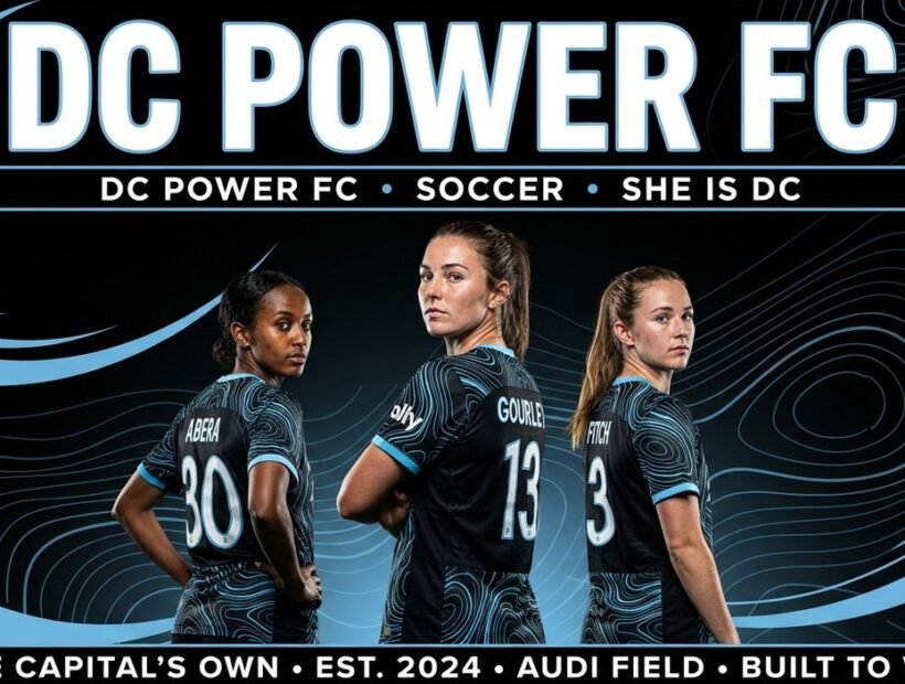DC Power FC 2026 poster banner with Gianna Gourley, Loza Aber