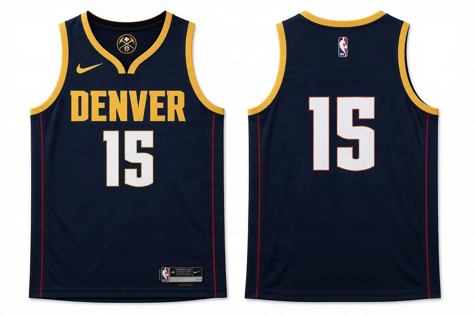Navy Denver Nuggets basketball jersey number 15 – front and back view