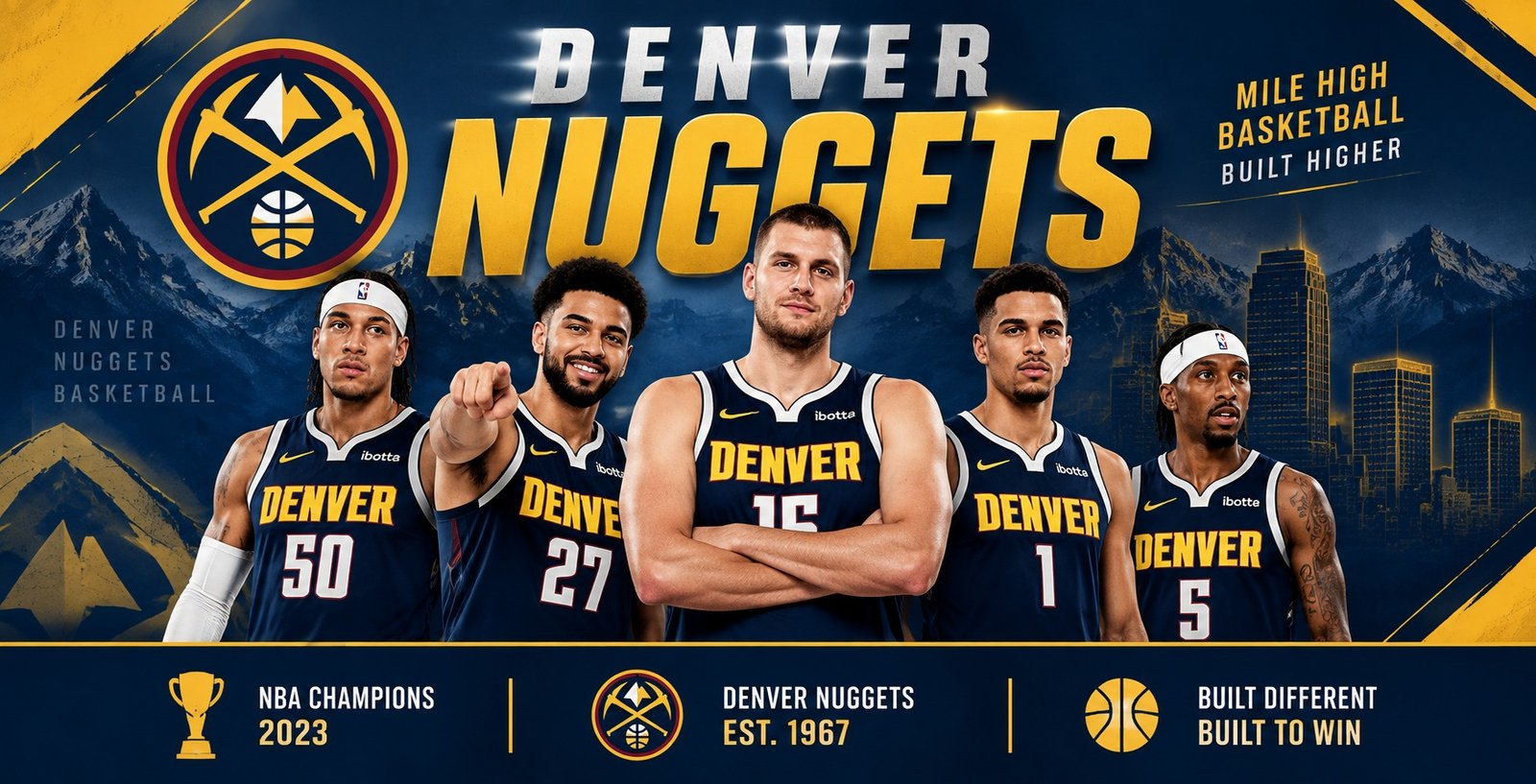 Denver Nuggets players in navy jerseys – 2026-27 team