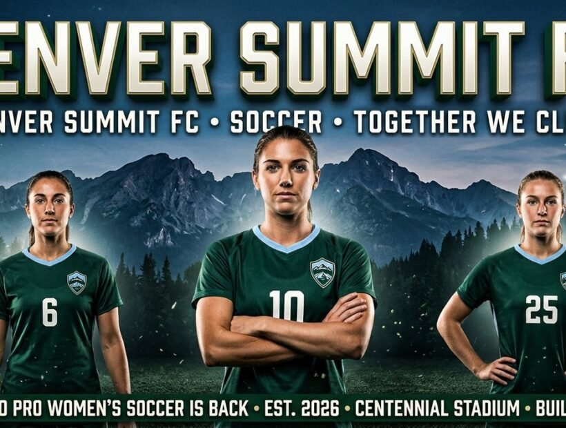 Denver Summit FC 2026 poster banner with Heaps, Sonis and Kossler