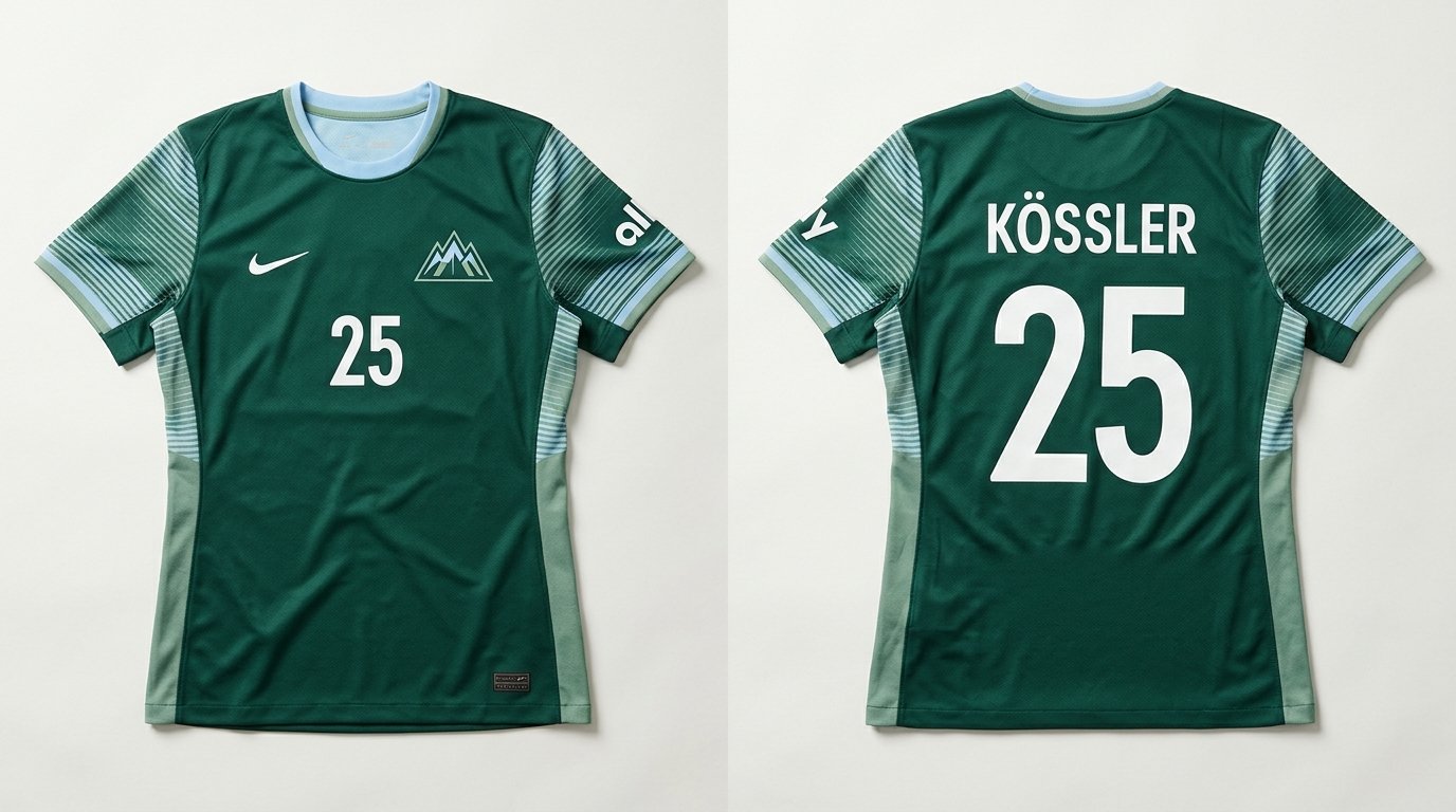 Evergreen Denver Summit FC style soccer jersey number 25 with white back print - front and back view