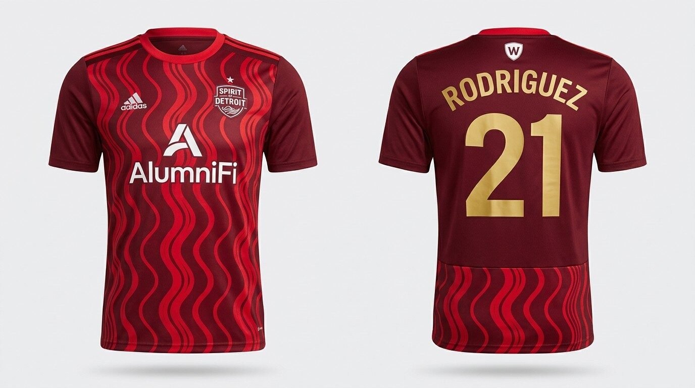 maroon Detroit City FC style soccer jersey number 21 - front and back view