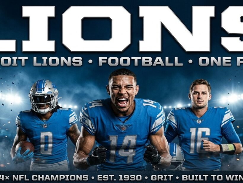 Detroit Lions 2026 poster banner with Amon-Ra St. Brown, Jahmyr Gibbs and Jared Goff