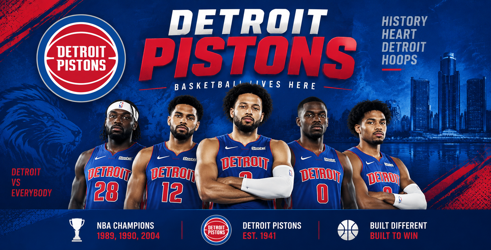 Detroit Pistons players in blue jerseys – 2026-27 team
