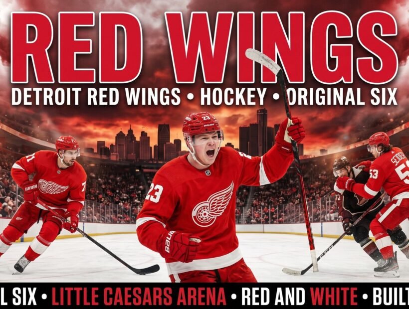 Detroit Red Wings team 2026 poster — Dylan Larkin #71 and Moritz Seider #53 flanking Lucas Raymond #23 in red home jerseys at Little Caesars Arena