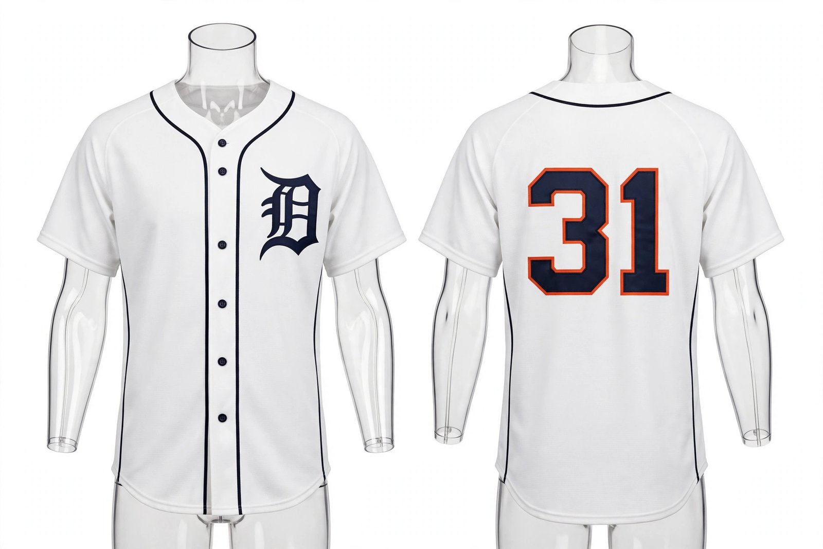 White Detroit Tigers style home baseball jersey number 31 - front and back view
