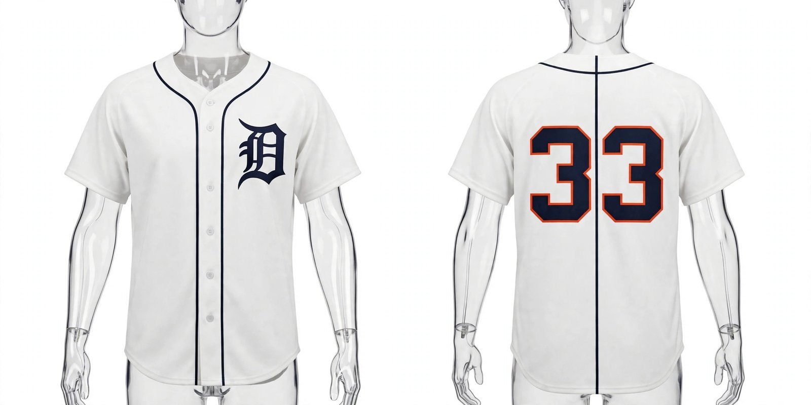 White Detroit Tigers style home baseball jersey number 33 - front and back view