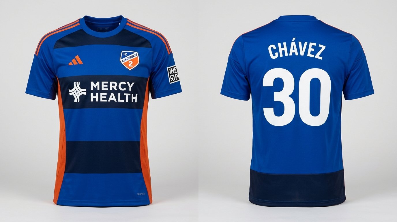 Royal blue and navy FC Cincinnati 2 style soccer jersey number 30 - front and back view