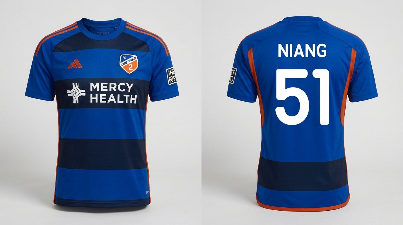 Royal blue and navy FC Cincinnati 2 style soccer jersey number 51 - front and back view