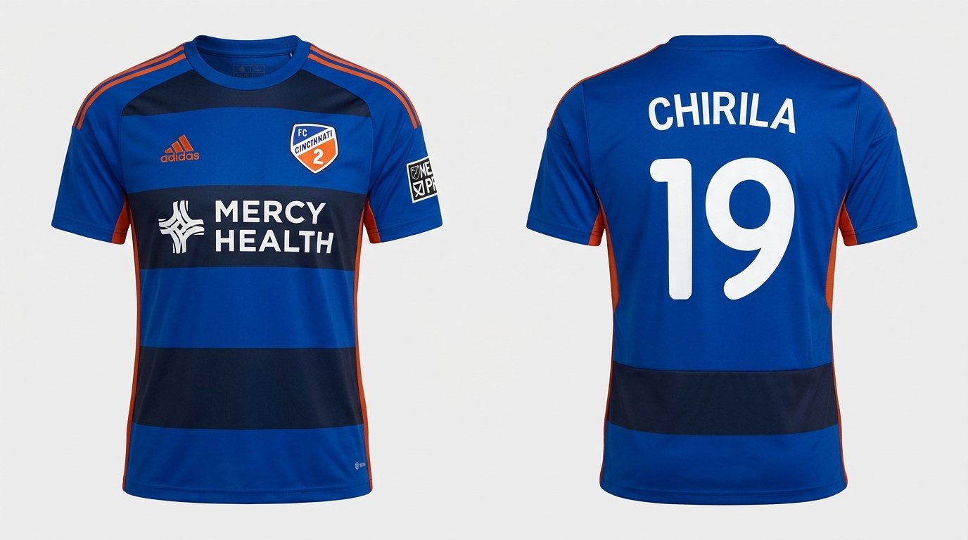 Royal blue and navy FC Cincinnati 2 style soccer jersey number 19 - front and back view