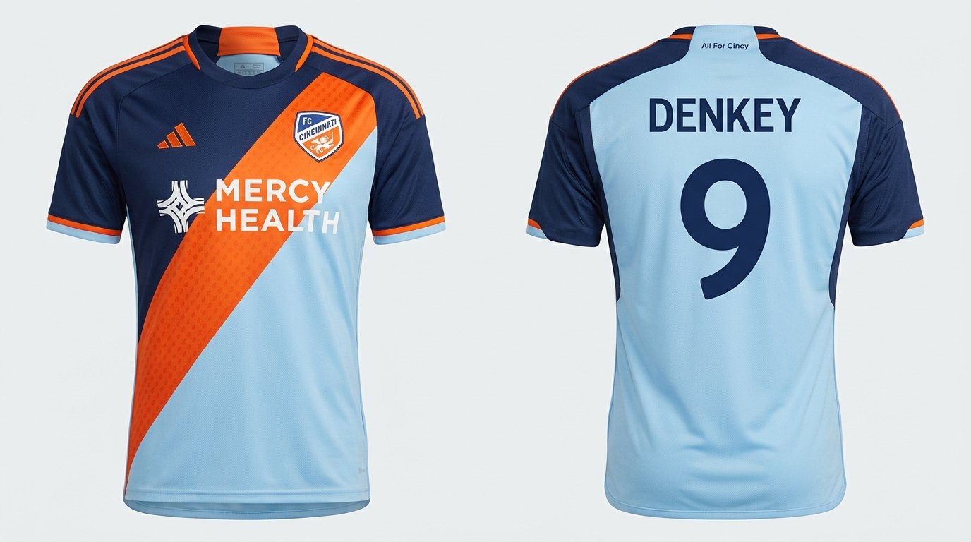 Orange and blue FC Cincinnati style soccer jersey number 9 - front and back view