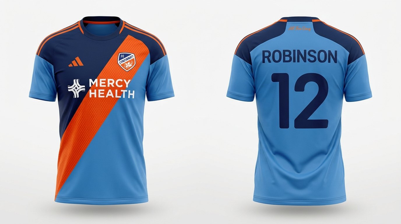 Orange and blue FC Cincinnati style soccer jersey number 12 - front and back view