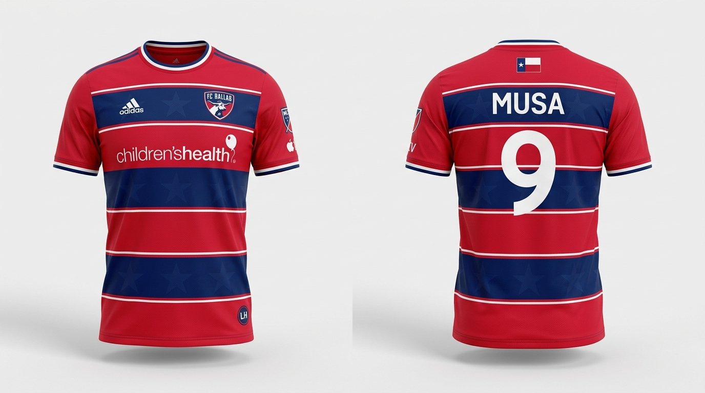 Red and navy hooped FC Dallas style soccer jersey number 9 - front and back view
