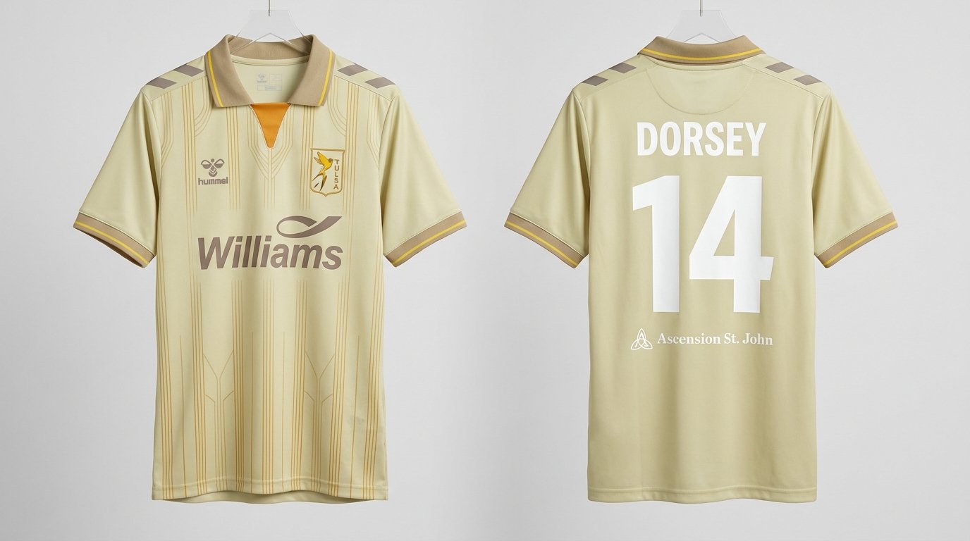 limestone gold FC Tulsa style soccer jersey number 14 - front and back view