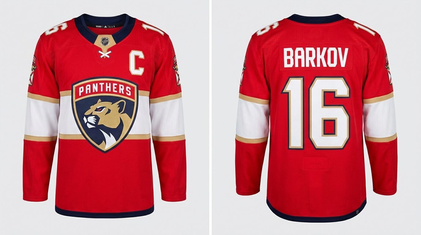 Red Florida Panthers style hockey jersey number 16 - front and back view