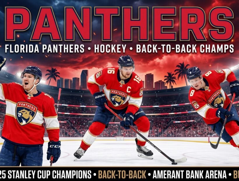 Florida Panthers team 2026 poster — captain Aleksander Barkov (#16) with Matthew Tkachuk (#19) and Brady Tkachuk (#8) in red home jerseys