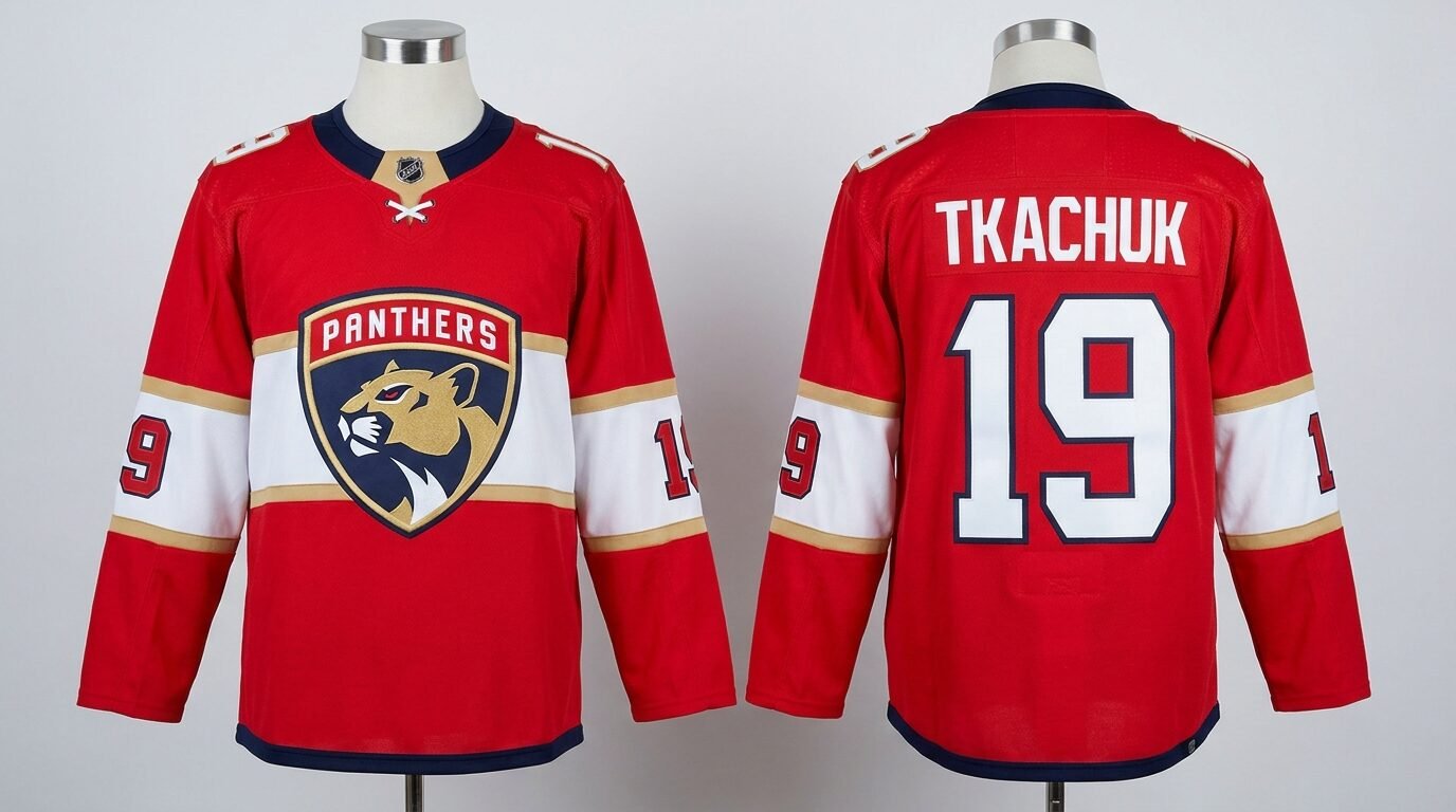 Red Florida Panthers style hockey jersey number 19 - front and back view