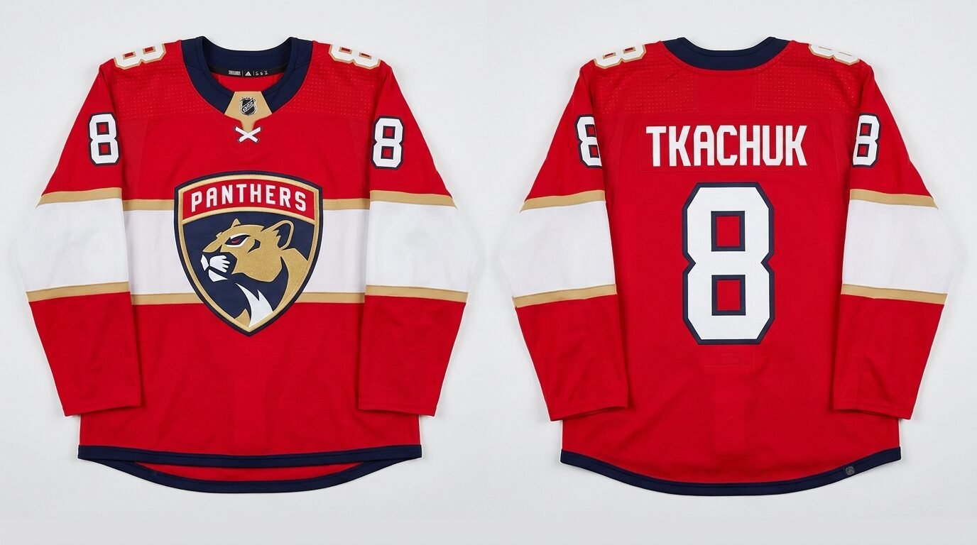 Red Florida Panthers style hockey jersey number 8 - front and back view