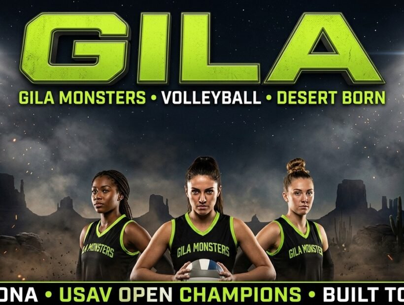Gila Monsters 2026 poster banner — Shields, Jacobsen and Terwilliger in the black volt-trim jerseys
