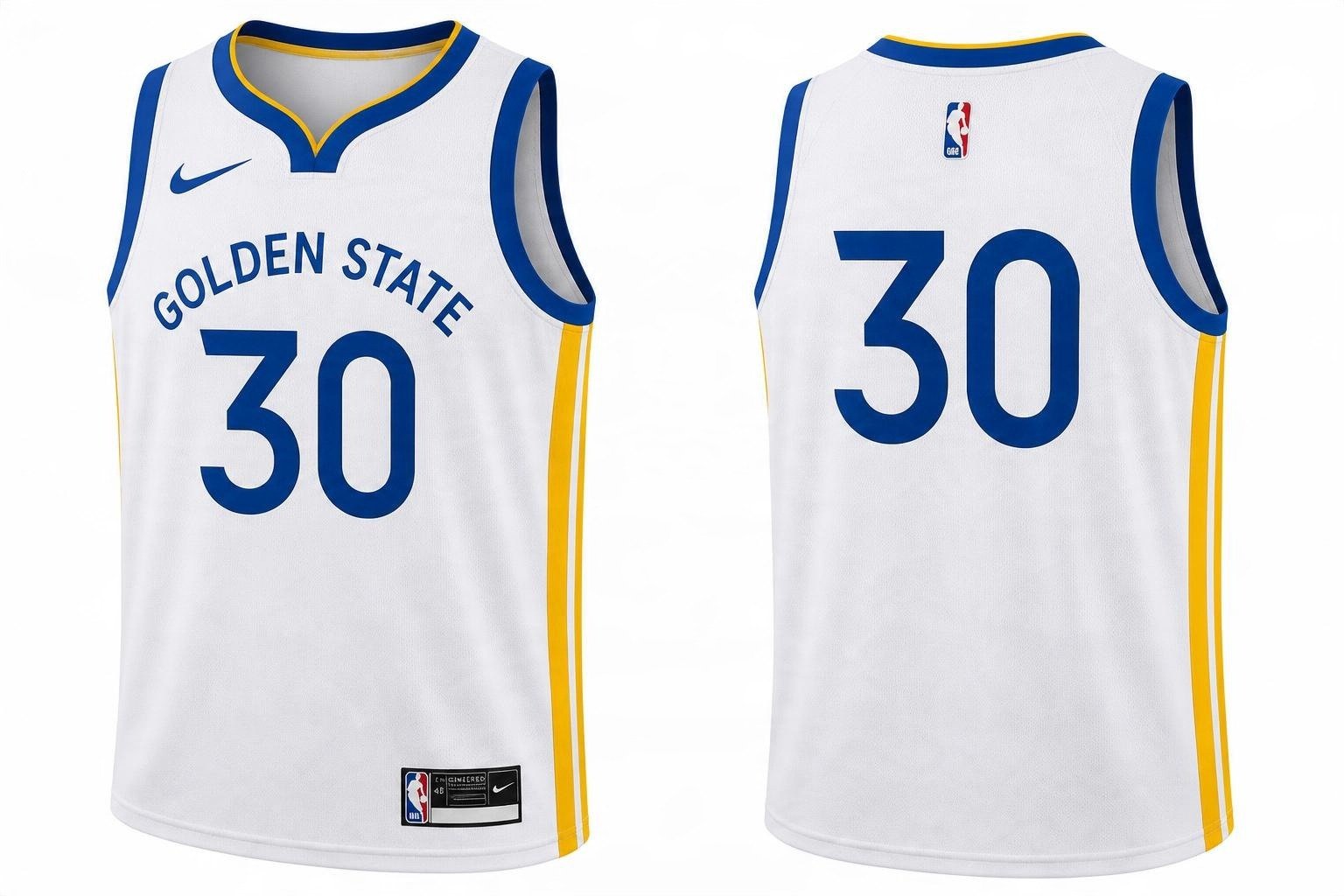 White Golden State Warriors basketball jersey number 30 – front and back view
