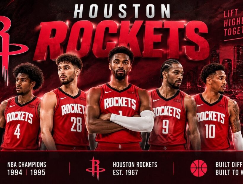 Houston Rockets players in red jerseys – 2026-27 team