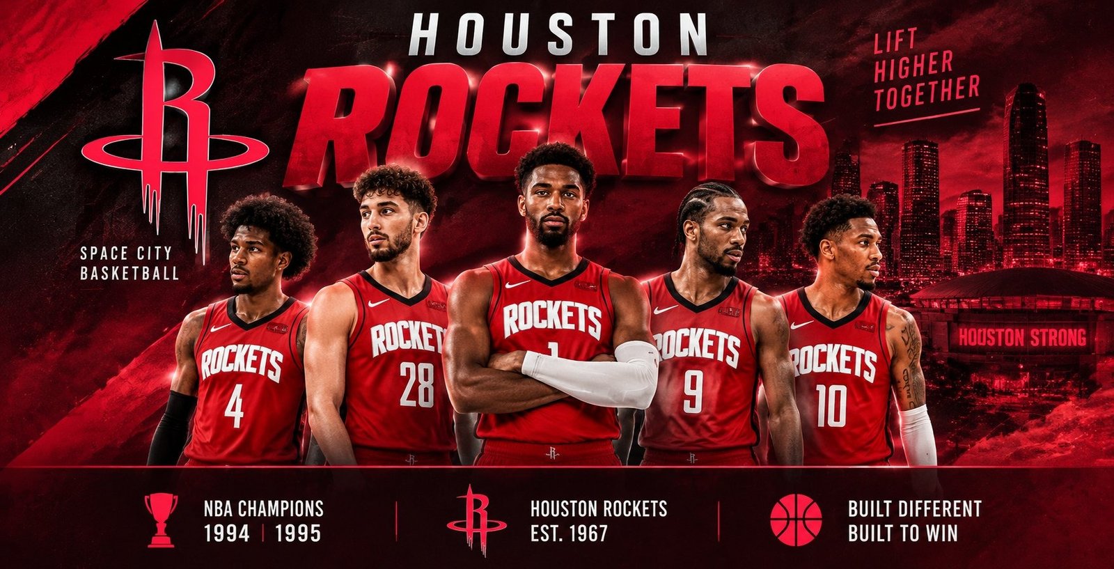 Houston Rockets players in red jerseys – 2026-27 team
