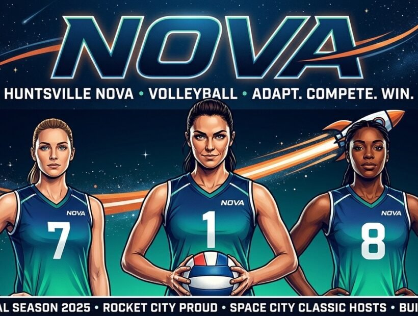 Huntsville Nova 2026 poster banner — Barnes, Torok and Eidsmoe in the blue-to-green gradient VLA jerseys