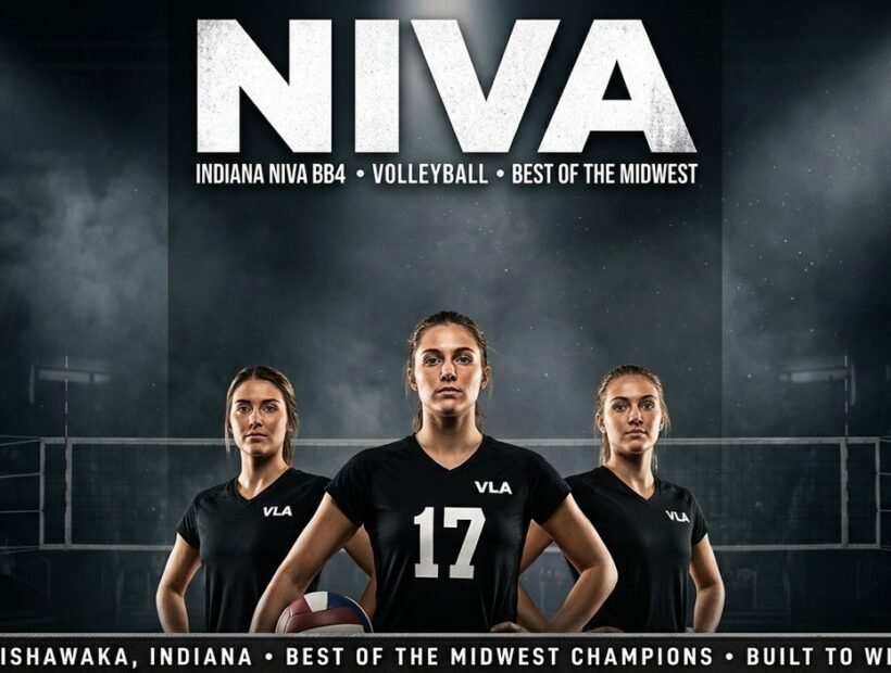 Indiana NIVA BB4 2026 poster banner — VanEekeren, O'Brien and Mazur in the black NIVA BB4 jerseys