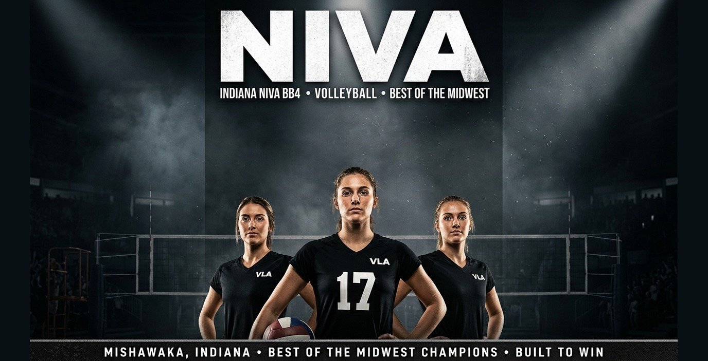 Indiana NIVA BB4 2026 poster banner — VanEekeren, O'Brien and Mazur in the black NIVA BB4 jerseys