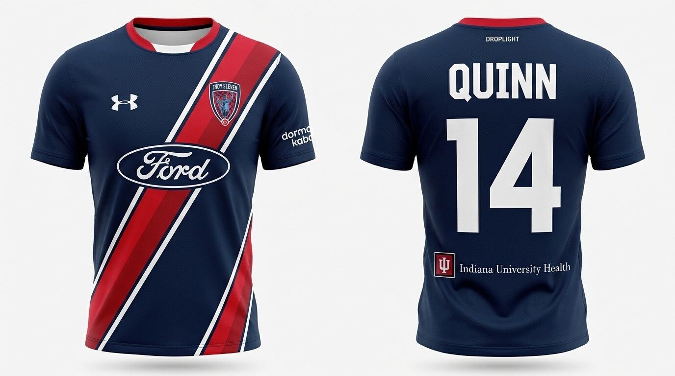 navy checkerboard Indy Eleven style soccer jersey number 14 - front and back view