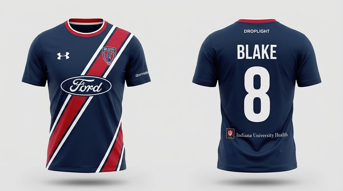 navy checkerboard Indy Eleven style soccer jersey number 8 - front and back view