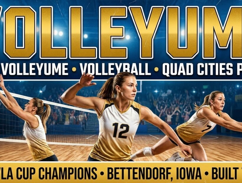 Iowa Volleyume 2026 poster banner — Alcantara, Sostre and Yanye in the white and gold jerseys