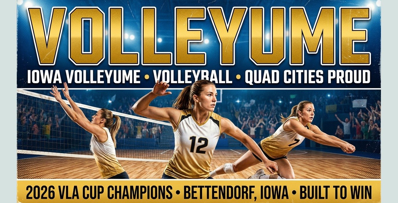 Iowa Volleyume 2026 poster banner — Alcantara, Sostre and Yanye in the white and gold jerseys