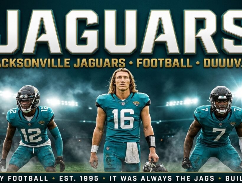 Jacksonville Jaguars 2026 poster banner with Trevor Lawrence, Travis Hunter and Brian Thomas Jr.