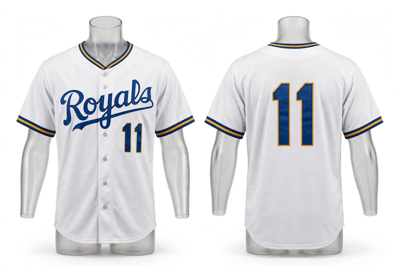 White Kansas City Royals style home baseball jersey number 11 - front and back view