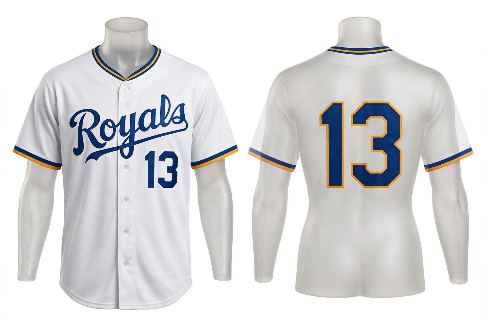 White Kansas City Royals style home baseball jersey number 13 - front and back view