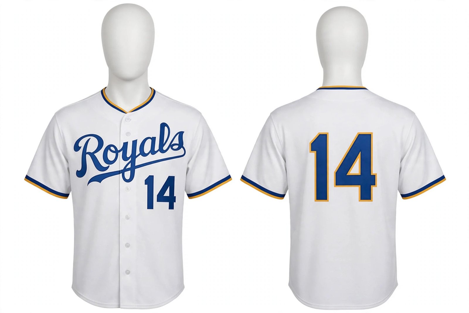 White Kansas City Royals style home baseball jersey number 14 - front and back view