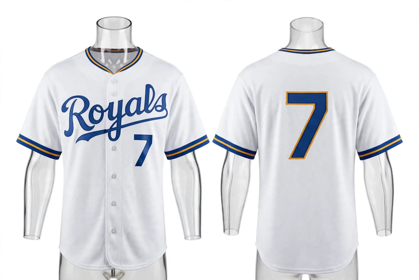 White Kansas City Royals style home baseball jersey number 7 - front and back view