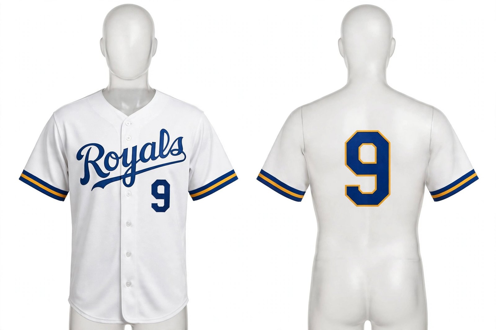 White Kansas City Royals style home baseball jersey number 9 - front and back view