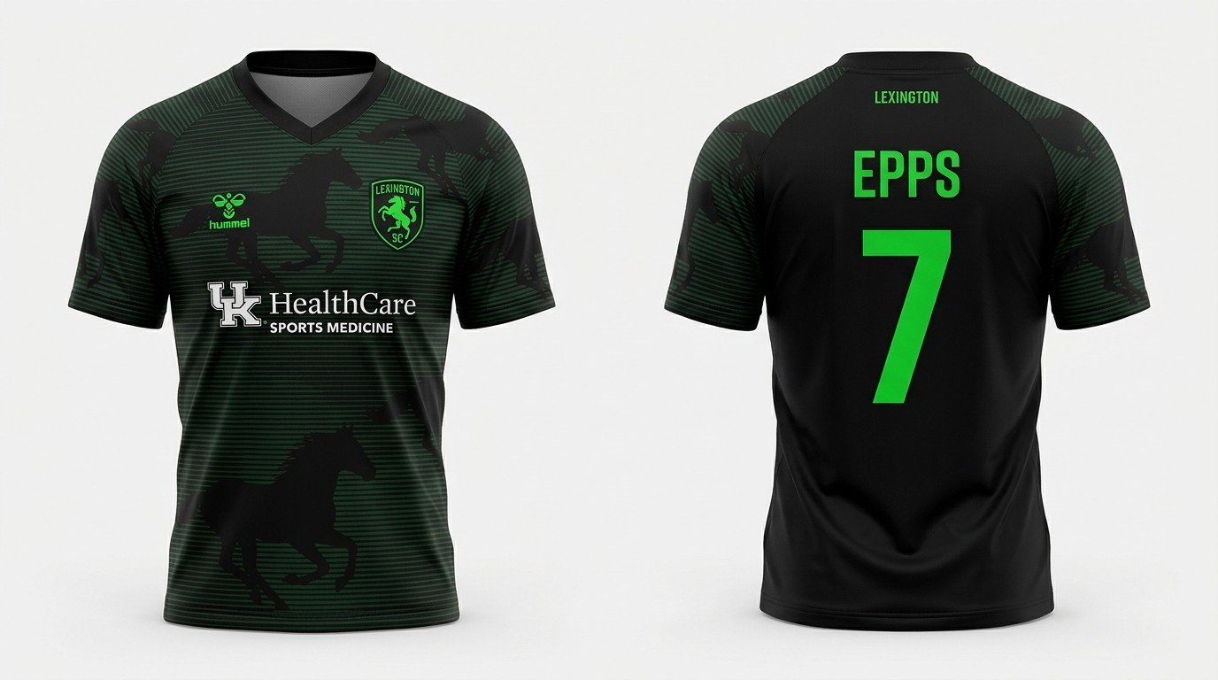 black and green Lexington SC style soccer jersey number 7 - front and back view